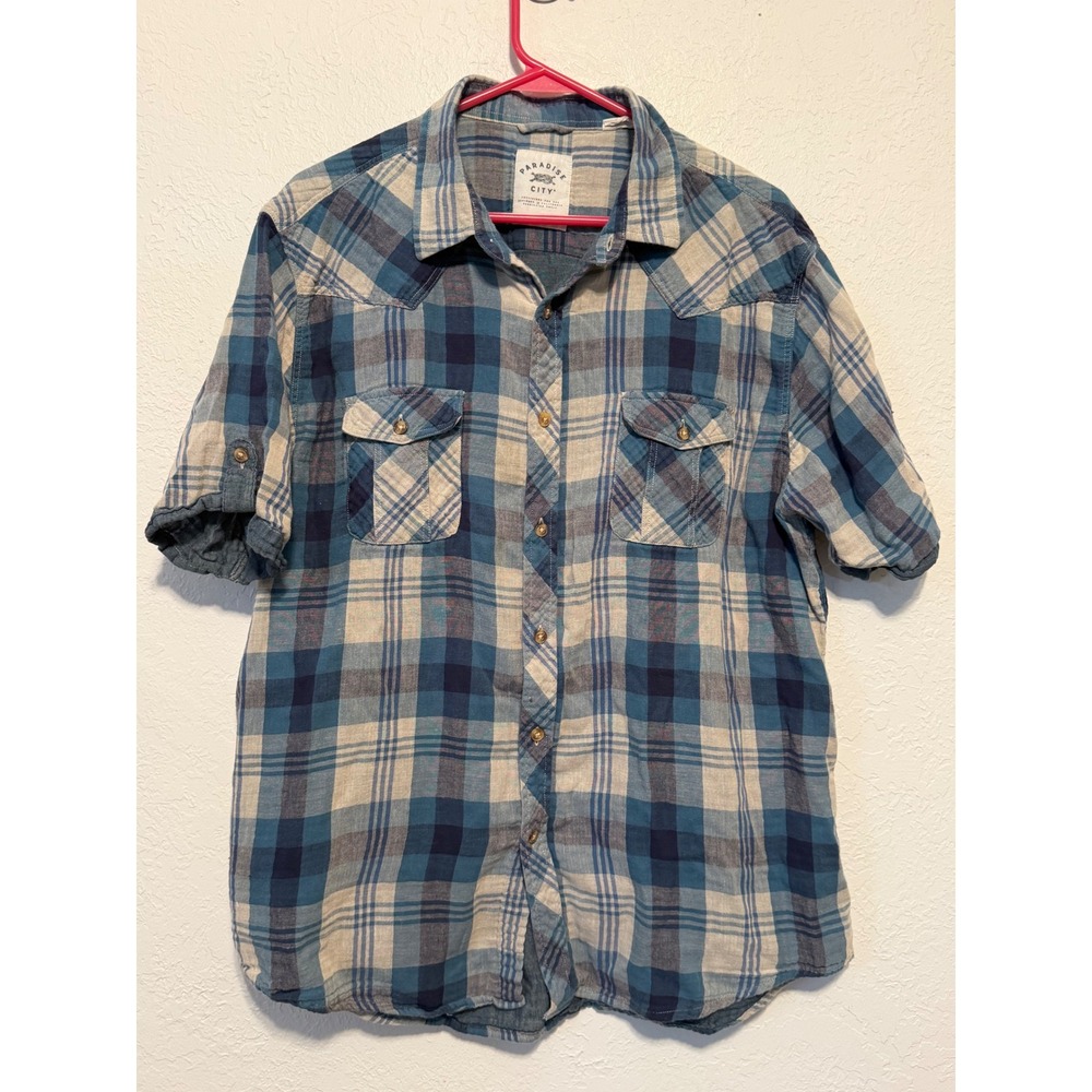 Paradise City Mens Blue Plaid Short Sleeve Western Button Down Shirt Medium